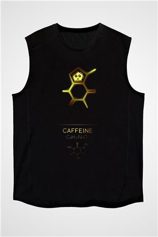 Kafein Molekülü Baskılı Unisex Kolsuz Siyah Tişört - Tshirt