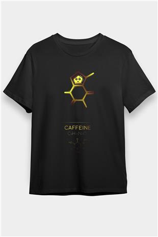 Kafein Molekülü Baskılı Unisex Siyah Tişört - Tshirt