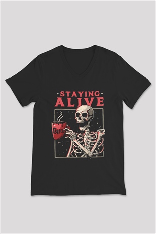 Kahve İçen İskelet Baskılı Unisex Siyah  V Yaka Tişört