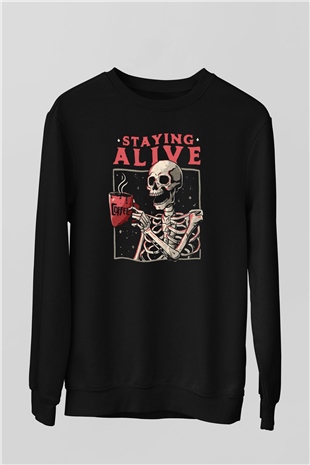 Kahve İçen İskelet Baskılı Unisex Siyah  Sweatshirt