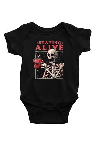 Kahve İçen İskelet BaskılıSiyah  Bebek Body - Zıbın