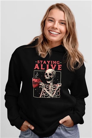 Kahve İçen İskeletSiyah  Unisex Hoodie