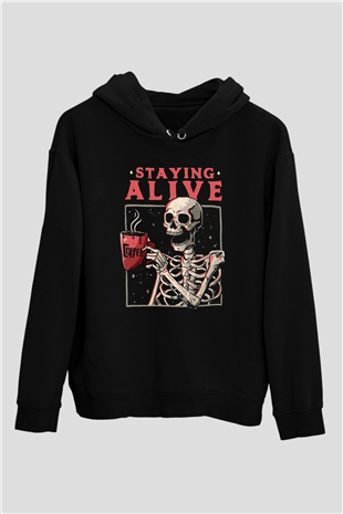 Kahve İçen İskeletSiyah  Unisex Hoodie