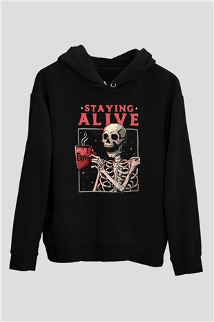 Kahve İçen İskeletSiyah  Unisex Hoodie