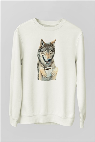 Kahve İçen Kurt Baskılı Unisex Beyaz  Sweatshirt