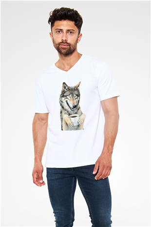 Kahve İçen Kurt Baskılı Unisex Beyaz  V Yaka Tişört