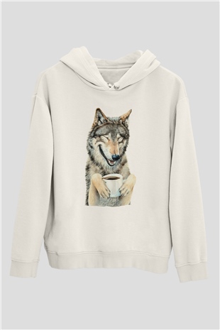 Kahve İçen KurtBeyaz  Unisex Hoodie