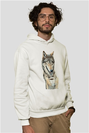 Kahve İçen KurtBeyaz  Unisex Hoodie