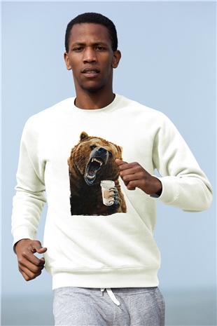 Kahve İçen Sinirli Ayı Baskılı Beyaz  Sweatshirt