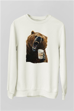 Kahve İçen Sinirli Ayı Baskılı Beyaz  Sweatshirt