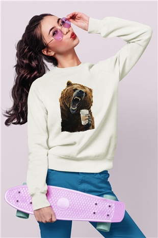 Kahve İçen Sinirli Ayı Baskılı Beyaz  Sweatshirt