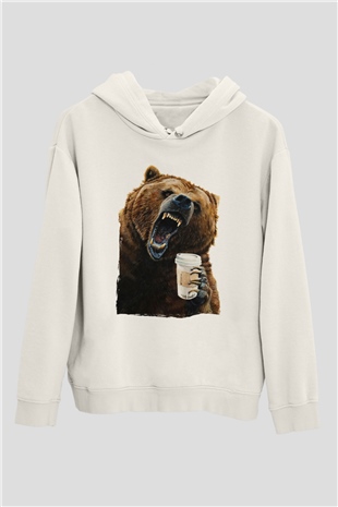 Kahve İçen Sinirli Ayı Beyaz  Unisex Hoodie