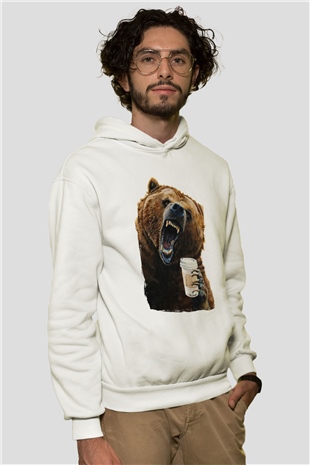 Kahve İçen Sinirli Ayı Beyaz  Unisex Hoodie