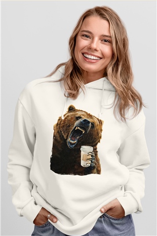 Kahve İçen Sinirli Ayı Beyaz  Unisex Hoodie