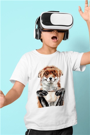 Kahve Kolik Baskılı Unisex Beyaz  Çocuk Tişört