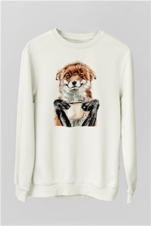 Kahve Kolik Baskılı Unisex Beyaz  Sweatshirt