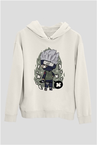 Kakashi Baskılı Beyaz Unisex Hoodie