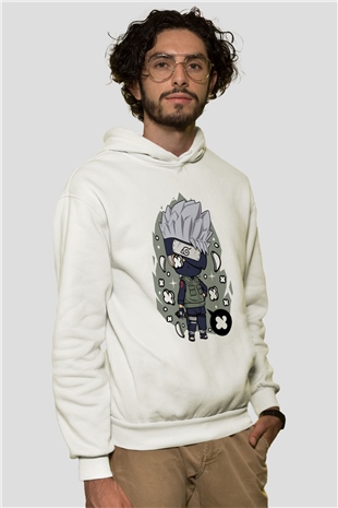 Kakashi Baskılı Beyaz Unisex Hoodie