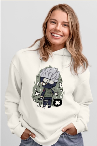 Kakashi Baskılı Beyaz Unisex Hoodie
