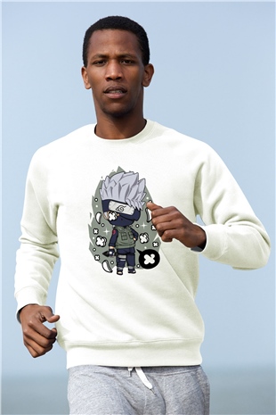 Kakashi Baskılı Beyaz Unisex Sweatshirt