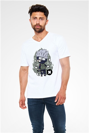 Kakashi Baskılı Beyaz Unisex V Yaka Tişört