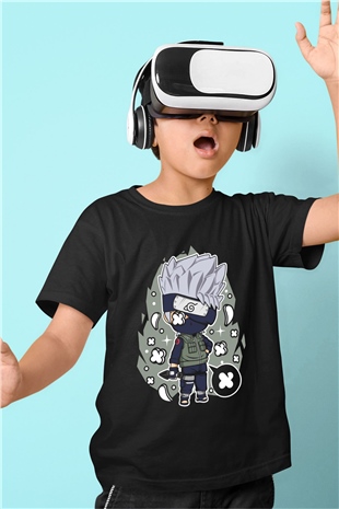 Kakashi Baskılı Unisex Siyah Çocuk Tişört
