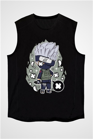 Kakashi Baskılı Unisex Siyah Kolsuz Tişört