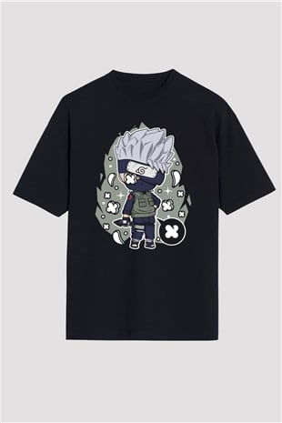 Kakashi Baskılı Unisex Siyah Oversize Tişört