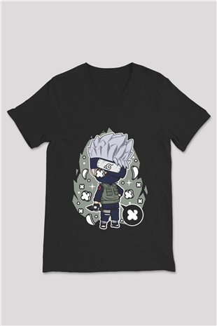 Kakashi Baskılı Unisex Siyah V Yaka Tişört