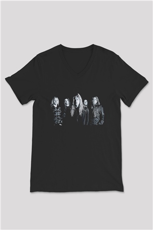 Kalmah Baskılı Unisex Siyah V Yaka Tişört - Tshirt