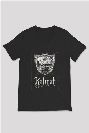 Kalmah Baskılı Unisex Siyah V Yaka Tişört - Tshirt
