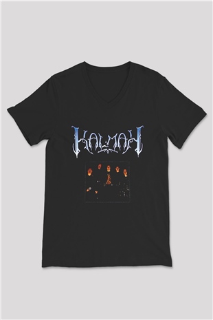 Kalmah Baskılı Unisex Siyah V Yaka Tişört - Tshirt