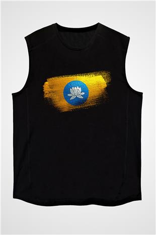 Kalmukya - Kalmykia Bayrağı Baskılı Unisex Siyah Kolsuz Tişört