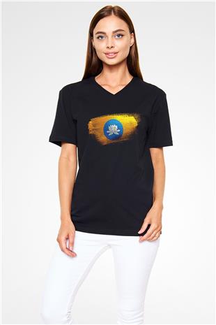 Kalmukya - Kalmykia Bayrağı Baskılı Unisex Siyah V Yaka Tişört