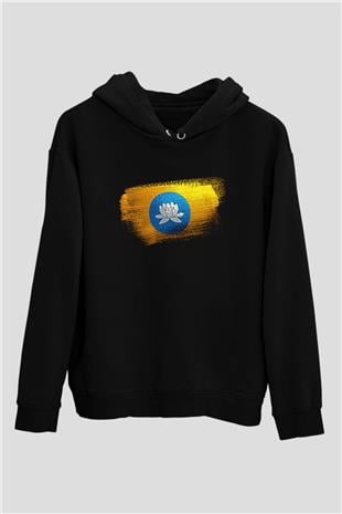 Kalmukya - Kalmykia Bayrağı Baskılı Unisex Siyah Hoodie