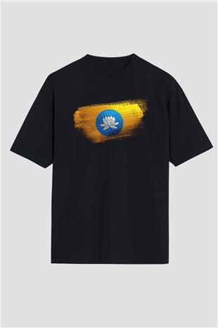 Kalmukya - Kalmykia Bayrağı Baskılı Unisex Siyah Oversize Tişört