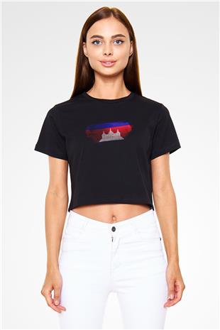 Kamboçya - Cambodia Bayrağı Baskılı Kadın Crop Top Siyah Tişört