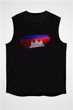 Kamboçya - Cambodia Bayrağı Baskılı Unisex Siyah Kolsuz Tişört