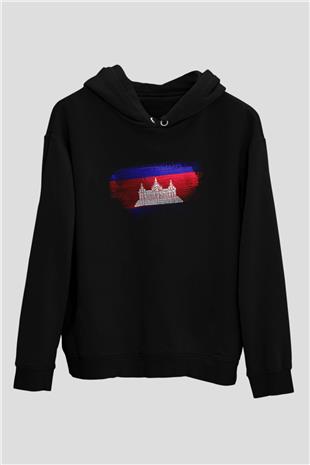 Kamboçya - Cambodia Bayrağı Baskılı Unisex Siyah Hoodie