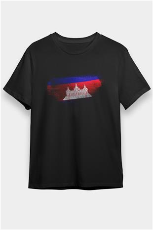 Kamboçya - Cambodia Bayrağı Baskılı Unisex Siyah Tişört