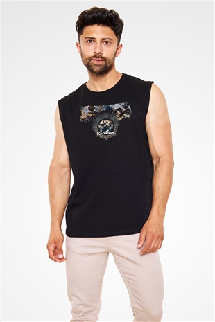Kamelot Baskılı Unisex Siyah Kolsuz Tişört - Tshirt
