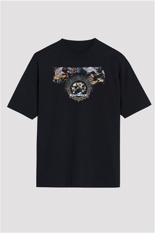 Kamelot Baskılı Unisex Siyah Oversize Tişört - Tshirt