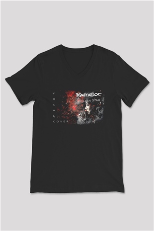 Kamelot Baskılı Unisex Siyah V Yaka Tişört - Tshirt