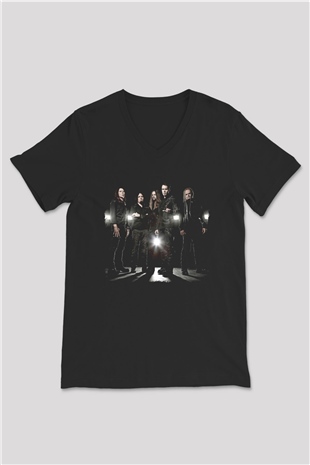 Kamelot Baskılı Unisex Siyah V Yaka Tişört - Tshirt
