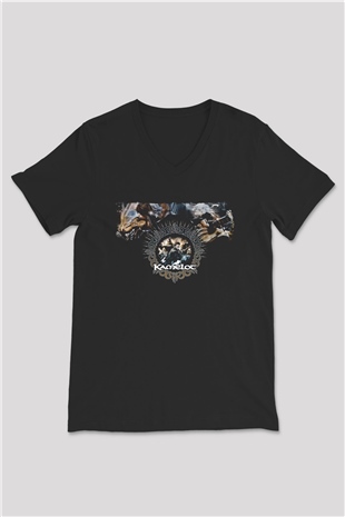 Kamelot Baskılı Unisex Siyah V Yaka Tişört - Tshirt