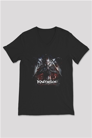 Kamelot Baskılı Unisex Siyah V Yaka Tişört - Tshirt