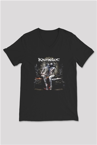 Kamelot Baskılı Unisex Siyah V Yaka Tişört - Tshirt