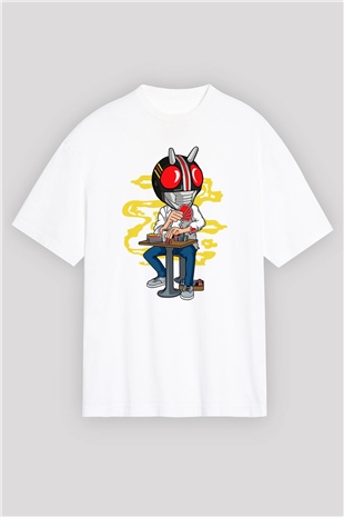 Kamen Gambler Baskılı Unisex Beyaz Oversize Tişört