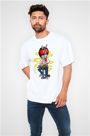 Kamen Gambler Baskılı Unisex Beyaz Oversize Tişört