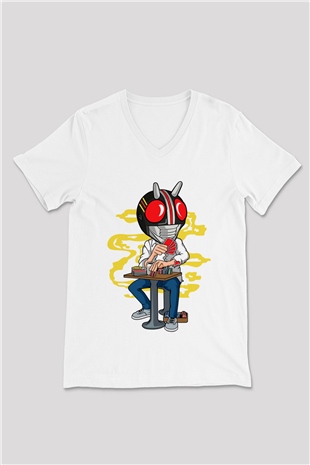 Kamen Gambler Baskılı Unisex Beyaz V Yaka Tişört